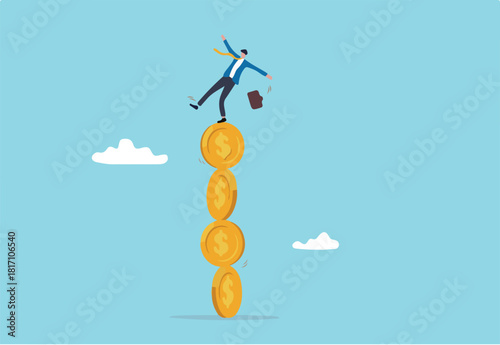 Financial instability, uncertainty or unstable investment market, risky situation or economic recession, crisis or bankruptcy concept, businessman investor falling from stack of unstable money coins