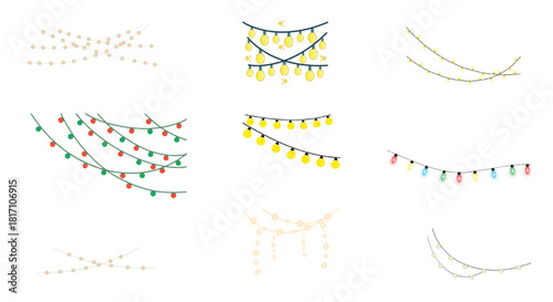 A collection of vibrant string lights and garlands in various styles, creating a warm, festive glow perfect for holiday scenes, parties, and cozy gatherings.