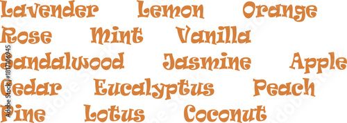 Popular natural fragrances, names in a beautiful font, text on a transparent background