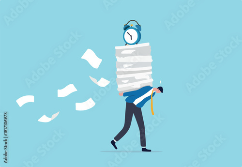 Workload and aggressive deadline causing exhaustion and burnout, overload or overworked office routine concept, tired businessman carrying heavy documents paperwork with alarm clock deadline on top.