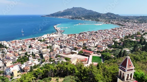 Aerial drone cinematic video from famous scenic view of uphill Bohali to main town and square of Dionisios Solomos, Zakinthos island, Ionian, Greece