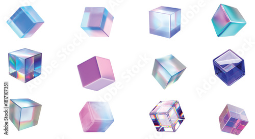 Vibrant grid of iridescent glass cubes floating on a deep black backdrop. Translucent, multicolor surfaces create futuristic, abstract visuals perfect for design, tech, fashion, and interior branding 