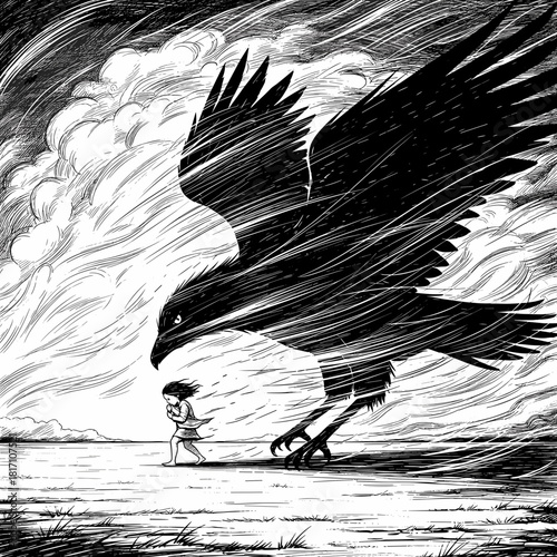 Small child walking with giant eagle in dramatic black and white illustration  