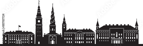 Copenhagen skyline silhouette with famous buildings landmarks attractions in denmark