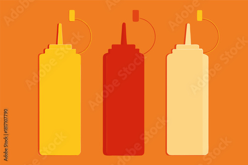 Minimalist Trio of Colorful Sauce Bottles