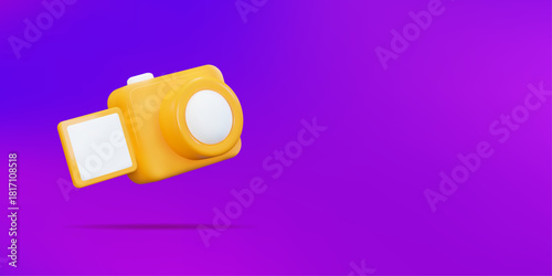 3d yellow camera icon. Camera sign. Stock vector illustration on neon isolated background.