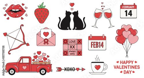 Valentines day celebration with red hearts, roses, wine glasses, and romantic symbols on