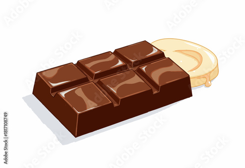 Illustration of a Rich Dark Chocolate Bar Melting Near a Pool of Smooth Creamy White Chocolate Drizzle