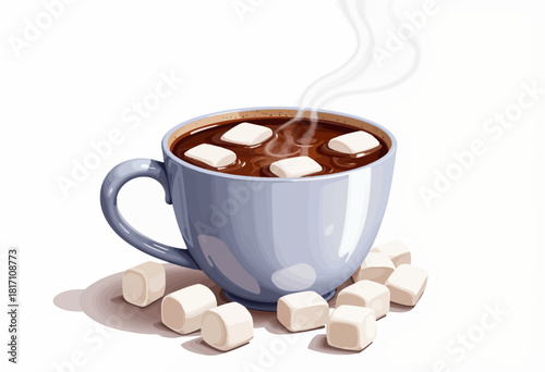 Cozy Steaming Hot Chocolate in a Blue Mug with Floating Marshmallows Surrounded by Additional Marshmallows for a Warm and Inviting Atmosphere