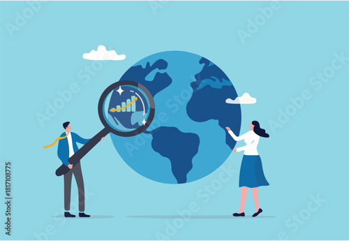 World economic analysis, global investment or international business opportunity research, forecast and analyze financial information concept, businessman with magnifier on globe with chart and graph.