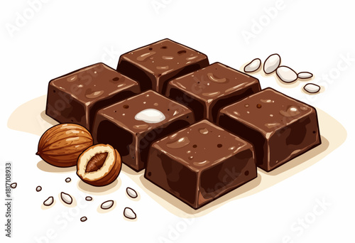 Delectable Chunky Chocolate Bars with Almonds and Seeds Illustration on a White Background