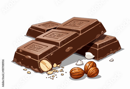 Illustrated Bars of Decadent Chocolate with Whole Hazelnuts, Showcasing Rich Texture and Tempting Ingredients in a Crispy Nutty Delight