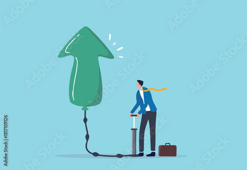 Growing business, raising income or wages, growth or improvement, increase price, interest rate or inflation, rising up direction concept, businessman inflate air pump into floating green arrow up.