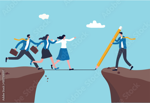 Support or help employee to progress and achieve business target, leadership solution to overcome obstacle concept, businessman manager draw line as a bridge to help team members to cross the cliff.