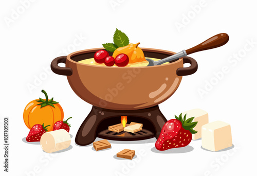 Autumn-Themed Chocolate Fondue with Seasonal Fruits and Marshmallows in a Ceramic Pot Over a Small Flame for a Cozy Dessert Experience