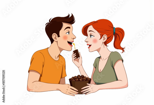 Joyful couple sharing sweet chocolate treats while sitting together in a playful and friendly setting with smiles and happy expressions on their faces