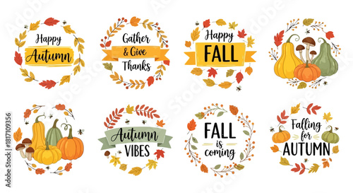 Eight autumnthemed circular illustrations with fall leaves, pumpkins, and festive messages like happy fall and thanksgiving