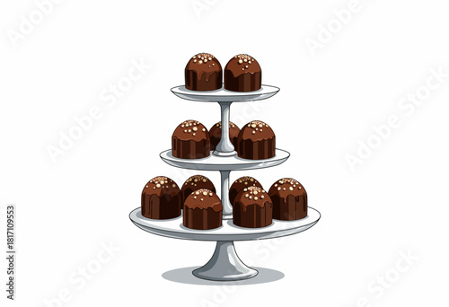 Elegant Three-Tier Dessert Stand Displaying Assorted Chocolate Truffles with Delicate Decorations on a White Background
