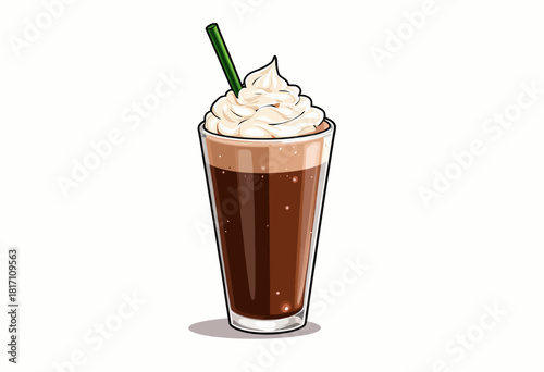 Illustration of a Chocolate Beverage Topped with Whipped Cream in a Tall Glass with a Green Straw on a White Background