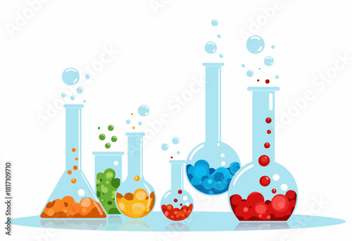 Colorful Collection of Chemistry Laboratory Glassware with Bubbling Liquids in Various Colors Demonstrating Chemical Reactions and Mixing Processes