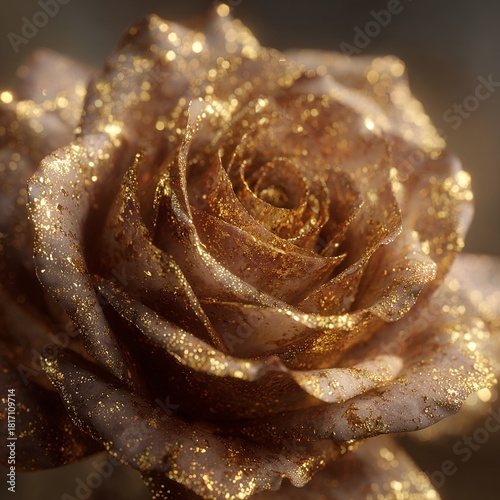 Ultra-realistic macro rose adorned with delicate gold leaf, shimmering in warm artistic light for a luxurious and sophisticated aesthetic.