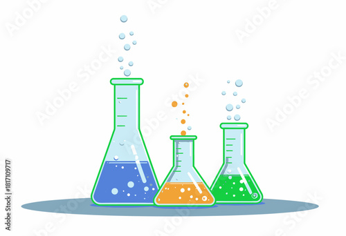 Three laboratory glass flasks with colorful bubbling liquids illustrating concepts of scientific experimentation and chemical reactions