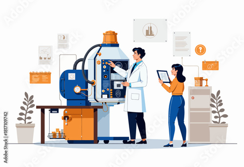 Advanced Manufacturing Process with Modern Machinery and Engineers Collaborating in a High-Tech Industrial Research Facility
