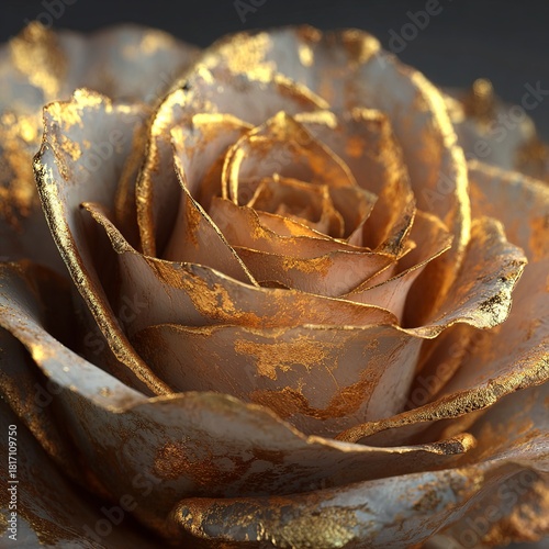 Ultra-realistic macro rose adorned with delicate gold leaf, shimmering in warm artistic light for a luxurious and sophisticated aesthetic.