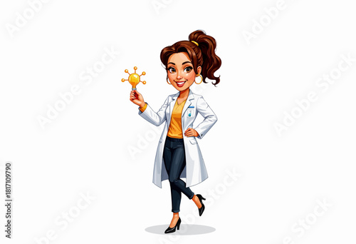 Cheerful Female Scientist Holding Molecular Model in White Lab Coat and Stylish Attire, Enthusiastically Demonstrating Scientific Discovery