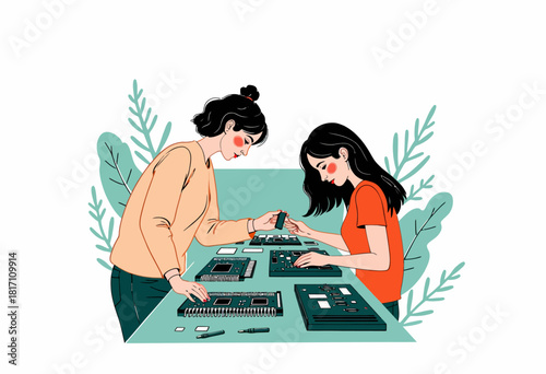Two individuals collaborating on electronic components assembly with focus on intricate details and teamwork in a creative workspace setting