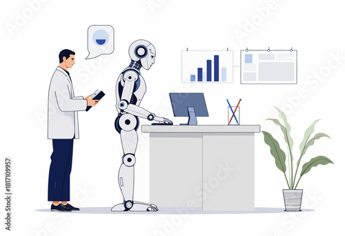 Humanoid Robot Engages in Office Work Alongside Human Colleague Analyzing Data and Charts in a Modern Workspace Setting