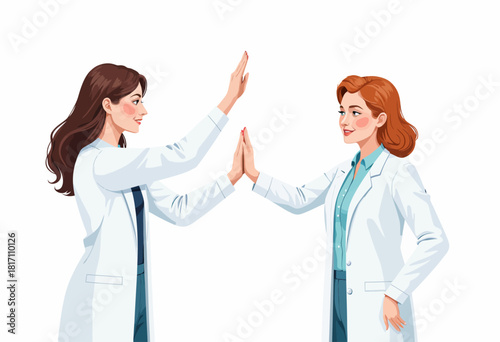 Two Medical Professionals in White Coats Engaging in a Friendly High Five Gesture, Celebrating Success or Team Achievement in Healthcare Setting