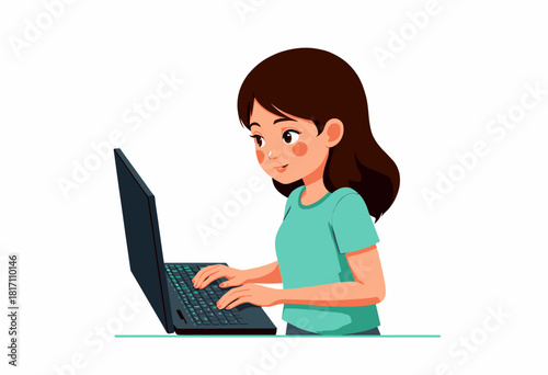 Young Girl Engaged and Focused on Learning with Laptop Computer in Educational Environment