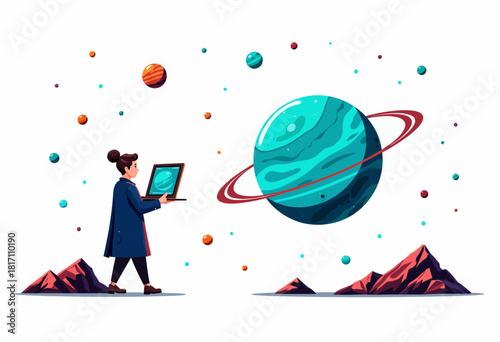Illustration of a Space Explorer Analyzing a Captivating Celestial Scene with a Ringed Planet in a Vibrant Cosmic Setting Surrounded by Colorful Moons and Mountains