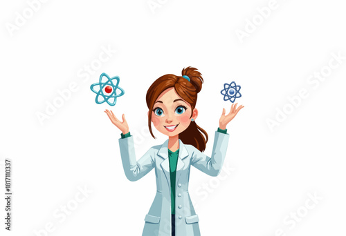 Smiling female scientist character in a lab coat balancing atomic models, representing enthusiasm for science and innovation
