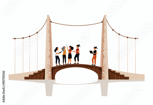 Diverse group of professionals discussing strategy atop an illustrated suspension bridge symbolizing collaboration and innovation in teamwork