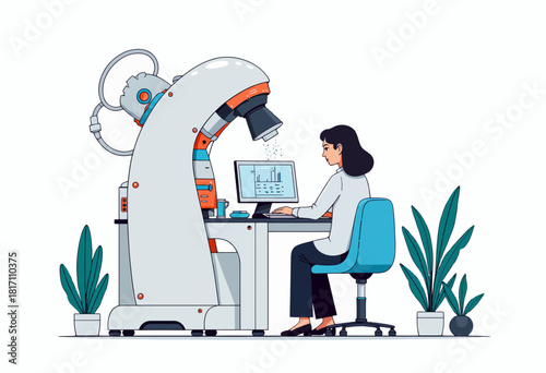 A futuristic illustration depicting a woman engaged in scientific research using an advanced robotic microscope and computer, surrounded by lush green plants