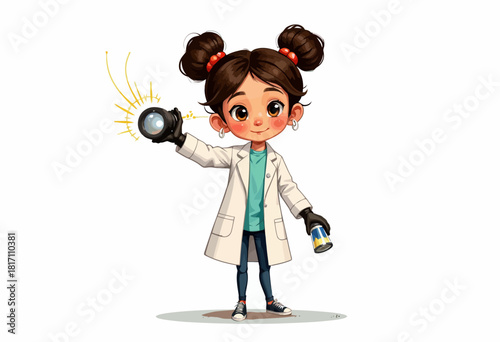 Illustration of a Young Scientist Girl Holding a Flashlight and Beaker in a Lab Coat with a Playful and Curious Expression