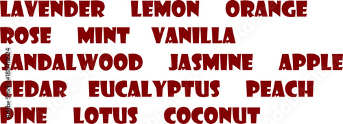 Popular natural fragrances, names in a beautiful font, text on a transparent background