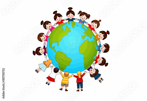 Children Holding Hands Around Globe Depicting Unity, International Friendship, and Collaboration Across Cultures For a Better World