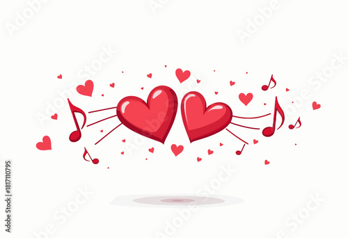 Vibrant illustration of two red hearts surrounded by musical notes and smaller hearts, symbolizing harmony and love in a playful and romantic design