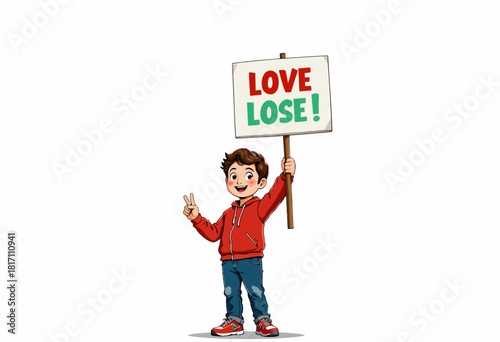 Energetic young boy holding a motivational sign advocating love and positivity, symbolizing a message of harmonious coexistence and spreading cheerful vibes