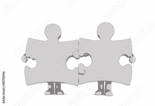 Minimalistic Sculpture of Two Simplistic Figures Holding Interlocking Puzzle Pieces Symbolizing Connection and Unity in Monochromatic Style