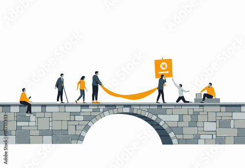 People Collaborating Creatively on a Stone Bridge with Banners and Posters, Showcasing Teamwork and Positive Interaction in a Harmonious Outdoor Setting