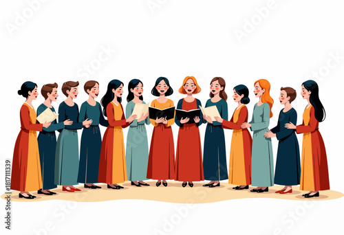 A Harmony of Voices: Twelve Women in Colorful Dresses Passionately Singing Together, Holding Sheet Music in a Circle, Exuding Joy and Unity