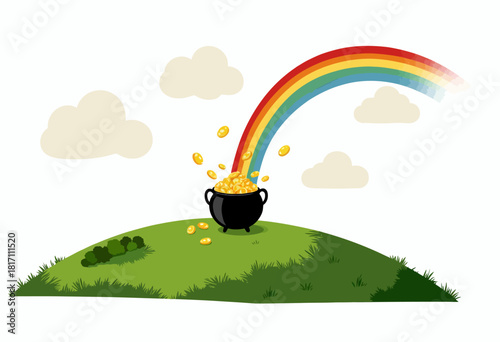 Illustration of a vibrant rainbow arching gracefully into a black pot overflowing with golden coins on a lush green hilltop under a cloud-filled sky