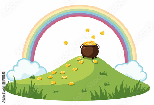 A whimsical scene of a pot overflowing with gold coins atop a lush green hill under a vibrant rainbow arching across a clear sky