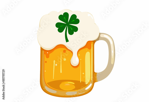 Illustration of a frothy mug of golden beer with a clover symbolizing festive celebrations and refreshing moments in a traditional glass stein