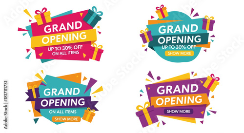 Grand opening banner with colorful ribbons and celebratory text for new store or business launch