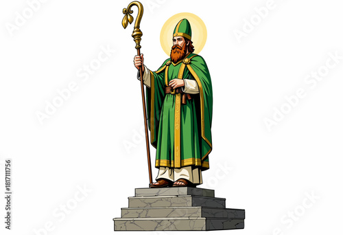 Illustration of a Religious Figure in Green Robe Holding a Staff Standing on Stone Steps with Halo